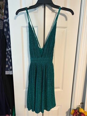 Luxxel Teal Sparkle V-Neck Pleated Cocktail Dress